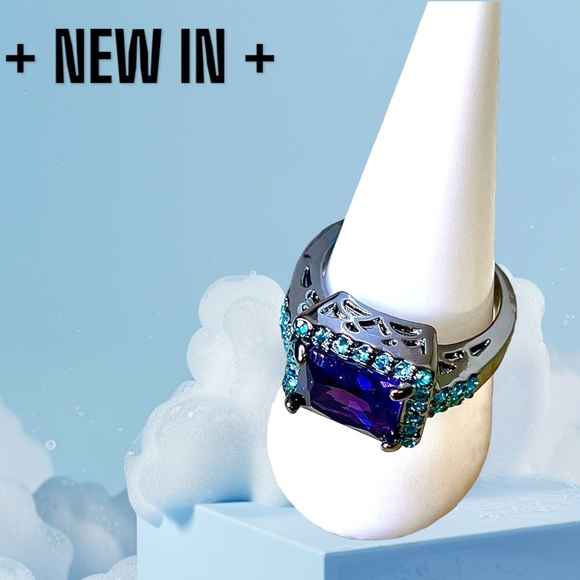 New Black Gold Plated Sterling Silver Square-Cut Lab-created amethysts Ring - Picture 2 of 8